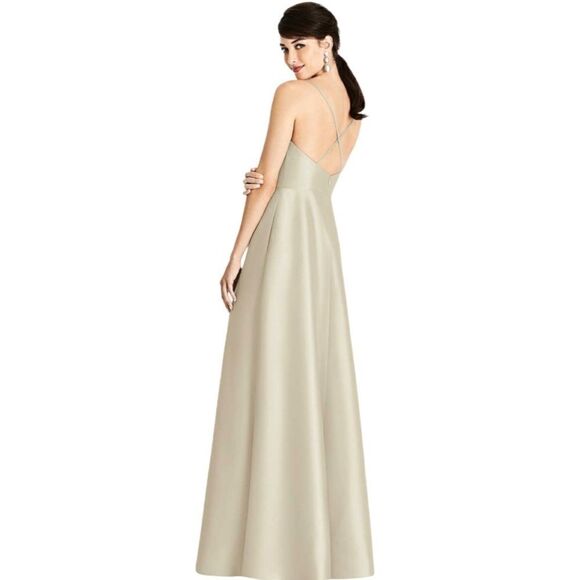 Alfred Sung V-Neck Full Skirt Satin Maxi Dress in Palomino. Size 16. NWT! - Picture 2 of 16